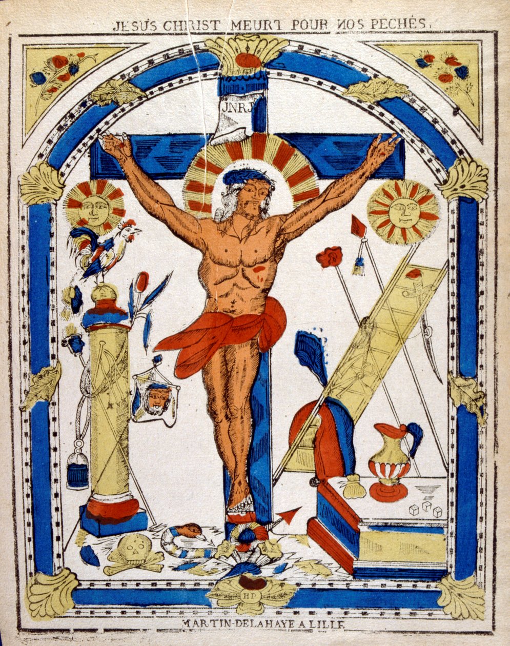 Nederlandse 19e-eeuwse illustratie die de gekruisigde Christus toont, houtsnede ca. 1850 door Unbekannter Künstler