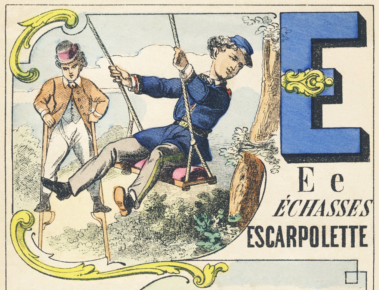E: echasses, escarpolette - Spelletjes Alfabet, ca. 1890 door Unbekannt