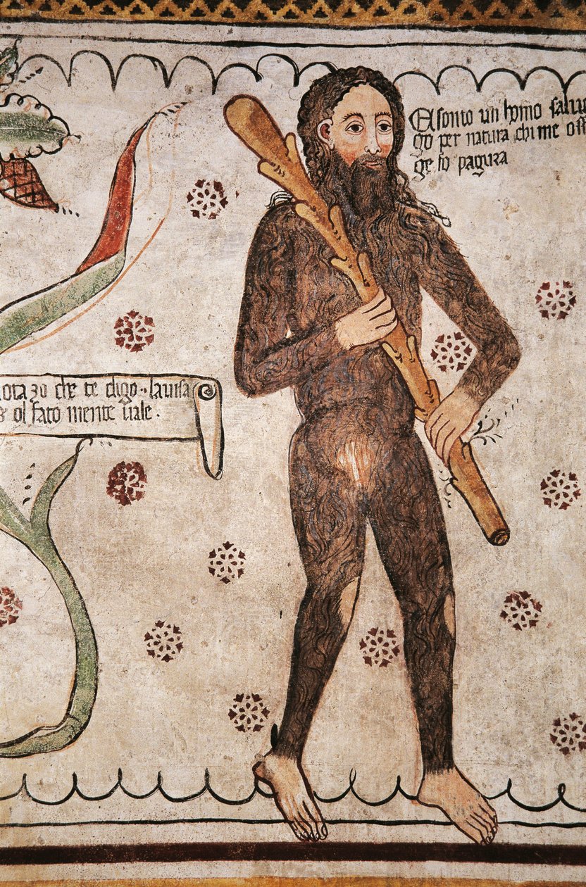 Ego sonto un homo salvadego per natura, chi me ofende ge fo pagura (Ik ben van nature een wilde man, degenen die mij beledigen zal ik angst aanjagen), fresco, Homo Salvadego museum, Sacco, Cosio Valtellino, Lombardije, Italië door Benjamin Baud