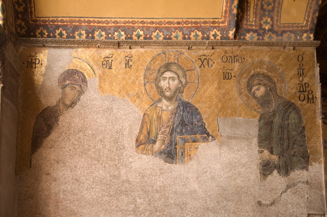 Europa-Azië, Turkije, Istanbul, Aya Sofya Museum (537 AD, voorheen moskee en kerk), mozaïekpaneel met Christus, Maria en Johannes de Doper door Unbekannt