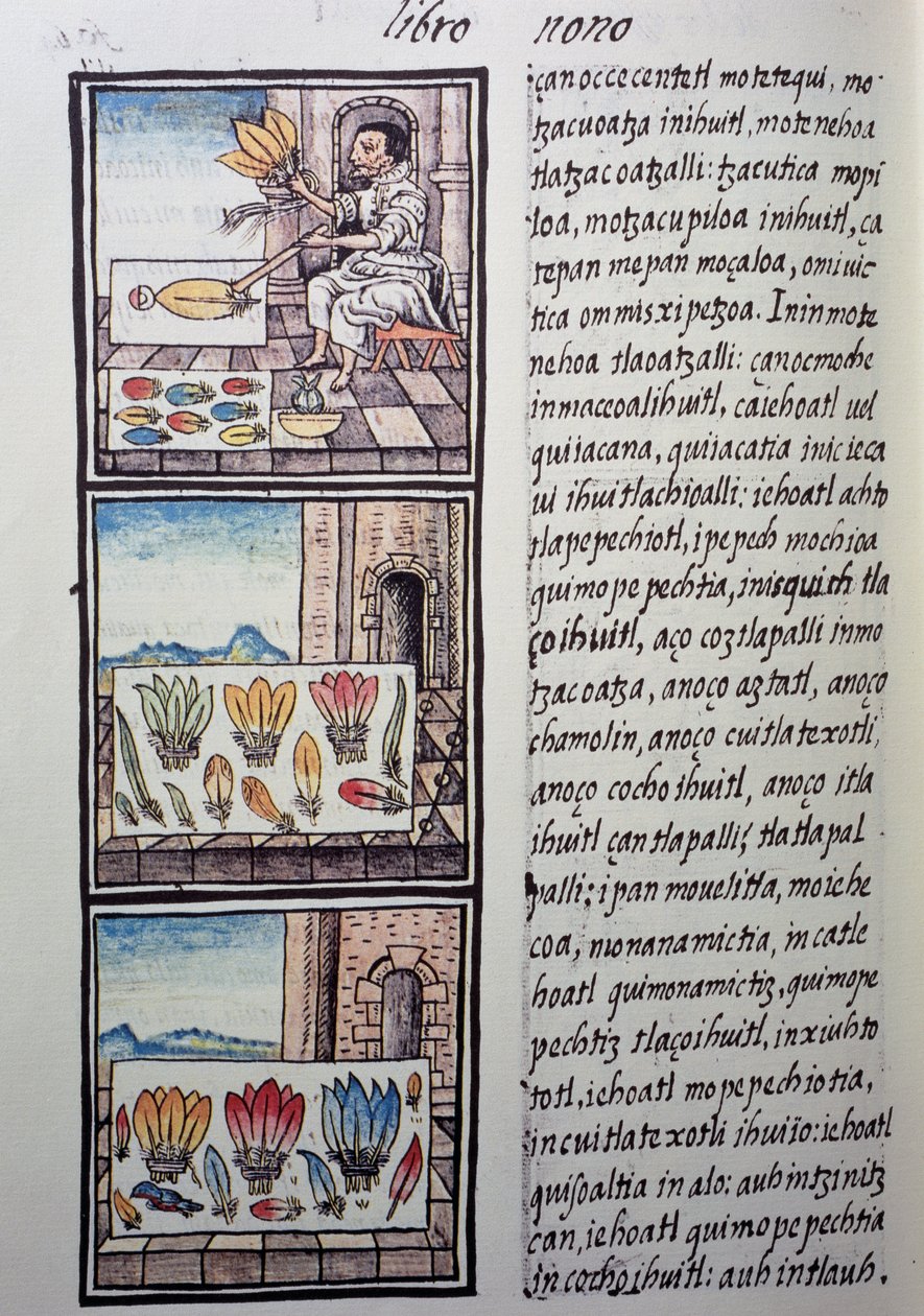 Verenverwerking na de Spaanse verovering, pagina uit de Florentijnse Codex, tweetalige versie in Spaans en Nahuatl, Algemene Geschiedenis van de Dingen van Nieuw-Spanje, door de Spaanse missionaris Fray Bernardino de Sahagun. Azteekse beschaving door William M. Timlin