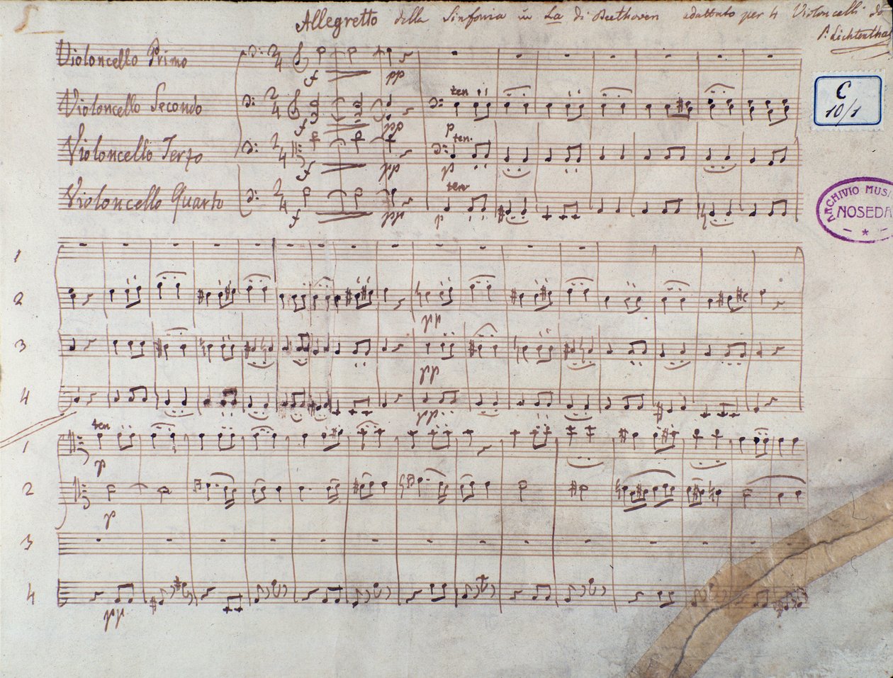 Eerste pagina van de partituur voor vier cello