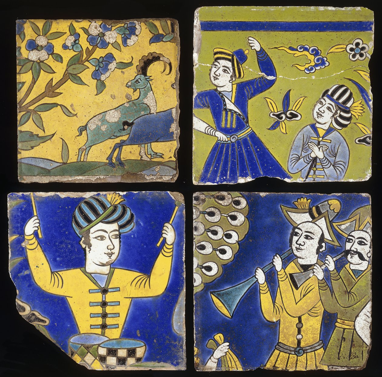 Vier Saffavid cuerda seca tegels, met afbeeldingen van twee steenbokken, en de figuren van muzikanten en dansers, ca. 1600 door Unbekannt