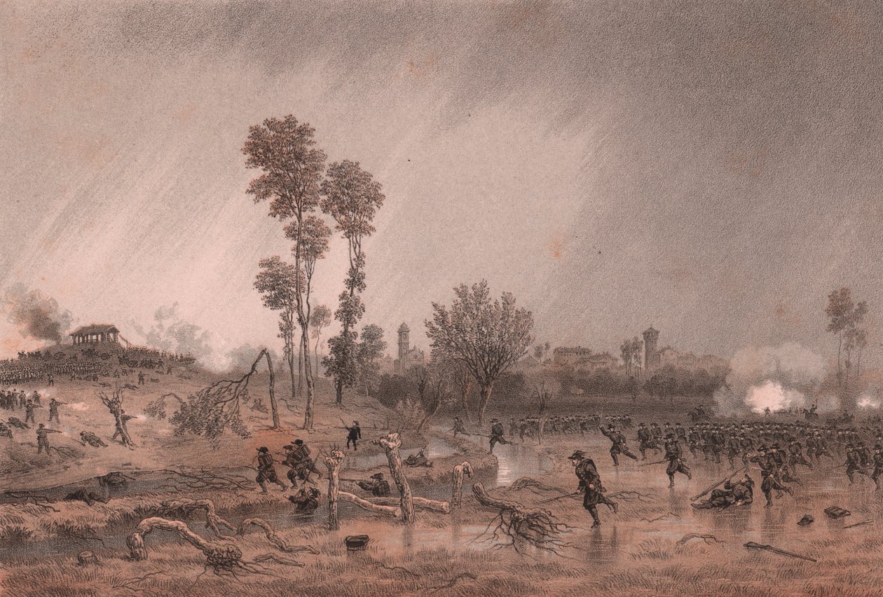 Vierde Piëmontese Divisie van Generaal Cialdini tijdens aanval van de Slag bij Palestro, Lombardije door William M. Timlin