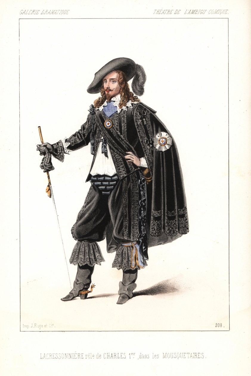 Franse acteur Louis Lacressonniere als Koning Charles I in Les Mousquetaires door Alexandre Dumas, Theatre de l