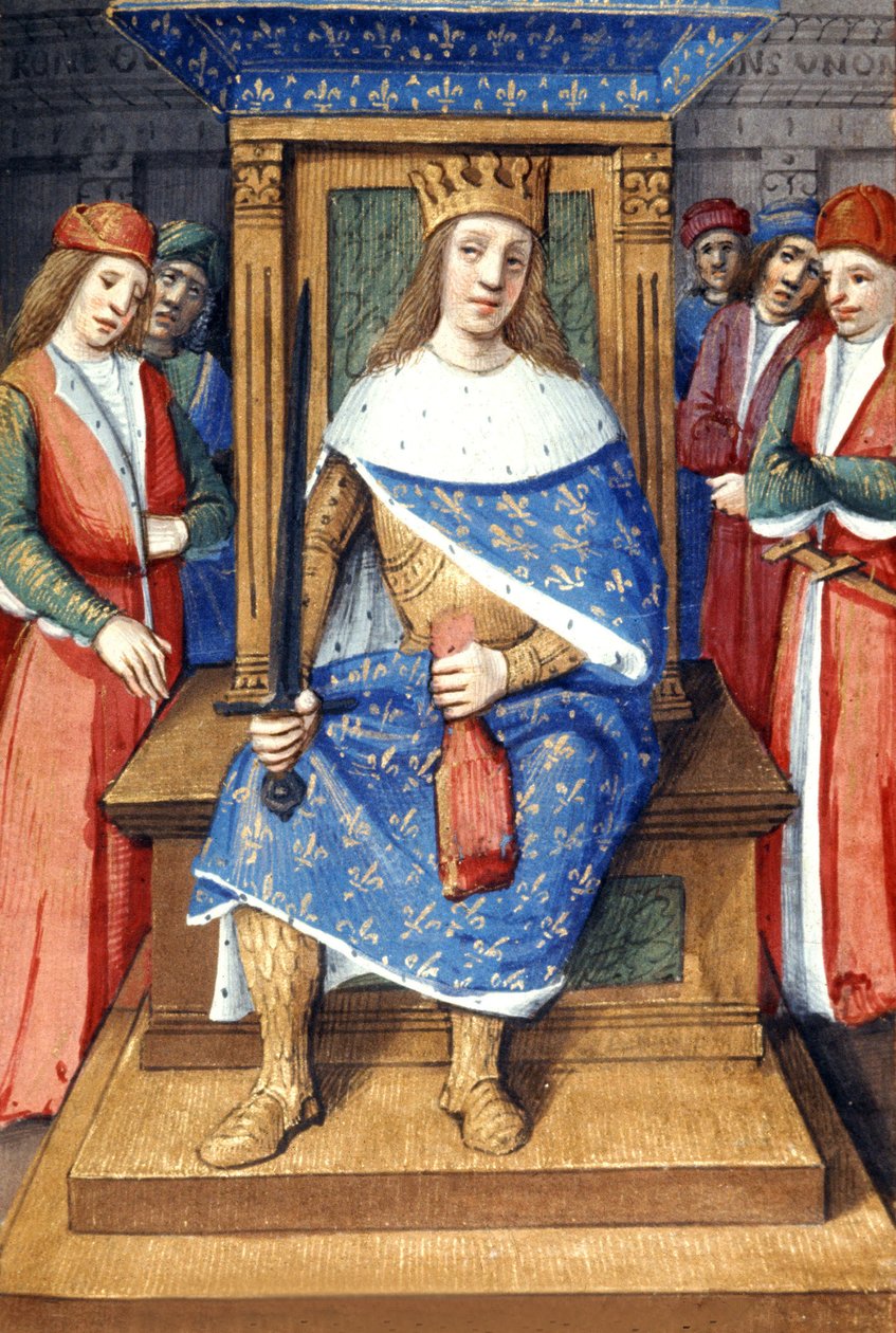 Franse koning Lodewijk IX (Saint Louis, 214-1270, koning van 1226 tot 1270) op zijn troon, Franse verluchting door Unbekannter Künstler