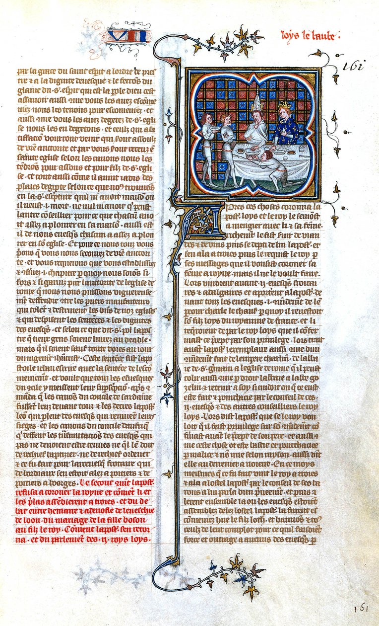 Franse koning Lodewijk de Stamelaar (846-879) ontmoet paus Johannes VIII voor zijn kroning in 877, illustratie uit "Grandes Chroniques de France de Charles V", ca. 1375-1380 door Unbekannter Künstler