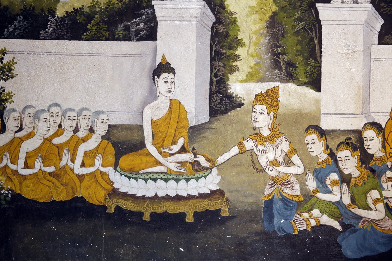 Fresco met een scène uit het leven van de Boeddha in Wat Phra Doi Suthep, Chiang Mai. Boeddha ontvangt aalmoezen. Thailand door Unbekannt
