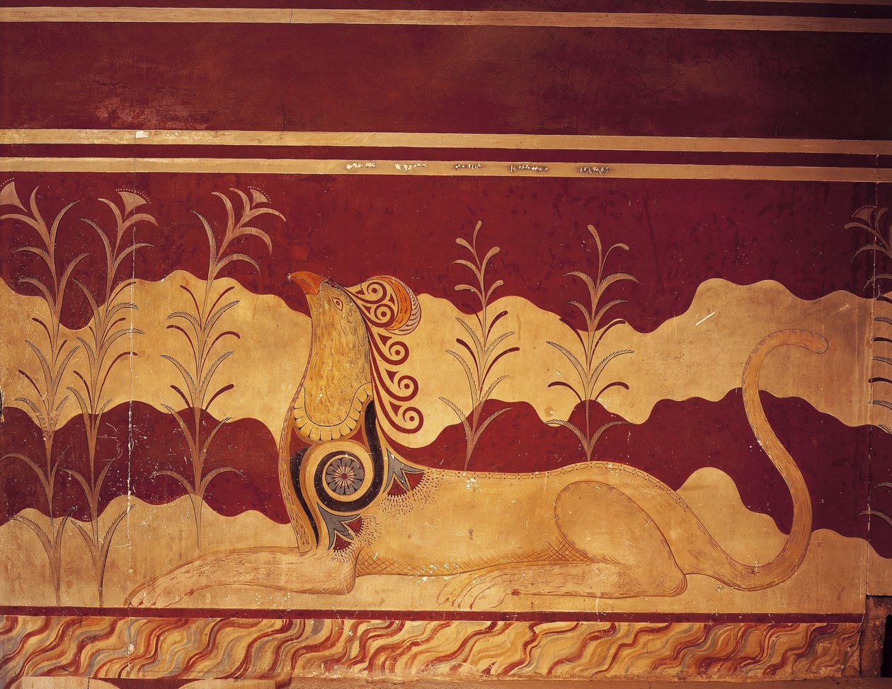 Fresco op een muur, Troonzaal, Paleis van Minos, Knossos, Kreta, Griekenland door Benjamin Baud