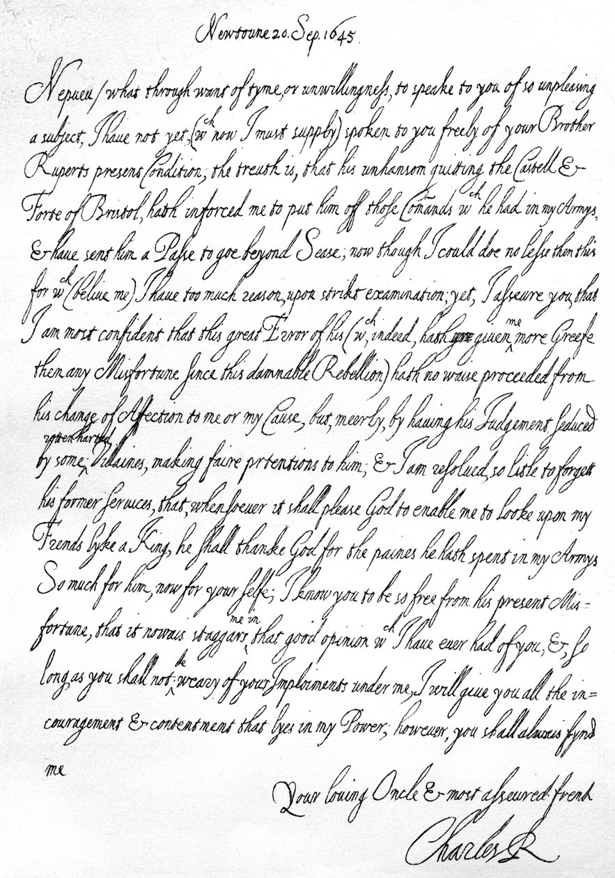Vriendelijke brief van Karel I aan zijn neef, Prins Maurits, geschreven in Newtown, Powys, Wales, 20 september door Unbekannt