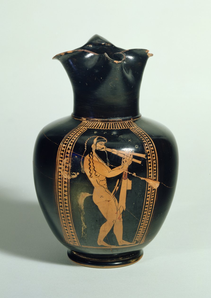 GR.126-1864 Oinochoe, versierd met Satyr die dubbele fluiten speelt, Attisch roodfiguur, Athene, Grieks, 520 voor Christus door Unbekannt