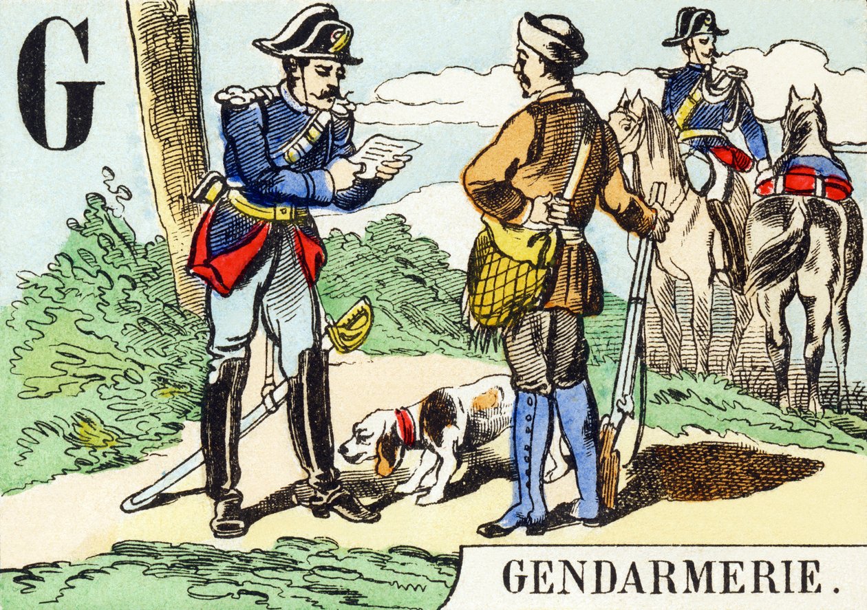 G: Gendarmerie - Het Jachtalfabet, ca. 1890 (gravure) door Unbekannt