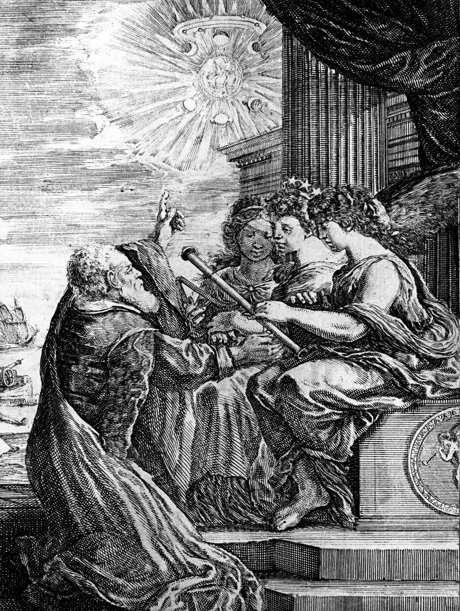 Galileo presenteert zijn telescoop aan de Muzen en wijst op een heliocentrisch systeem van het universum door Unbekannter Künstler
