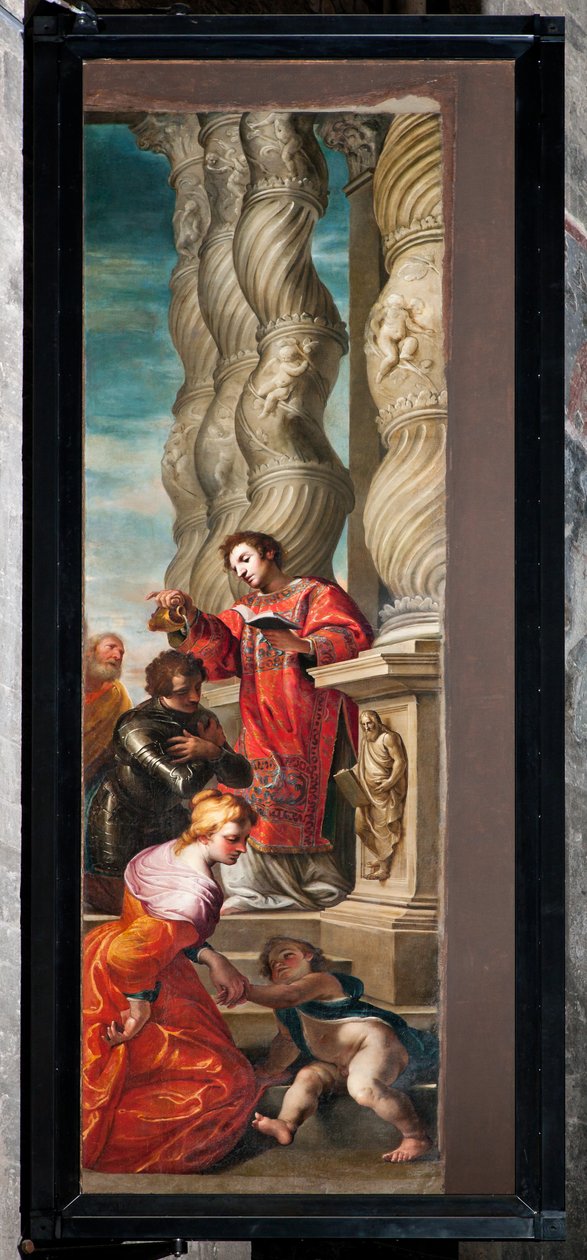 Genua, Duomo (Sint-Laurenskathedraal), interieur, linker zijbeuk, originele deuren van het orgel van de zuidkant transept: "Sint-Laurens doopt Sint-Romanus" (1634-6), door Andrea Ansaldo door Unbekannter Künstler