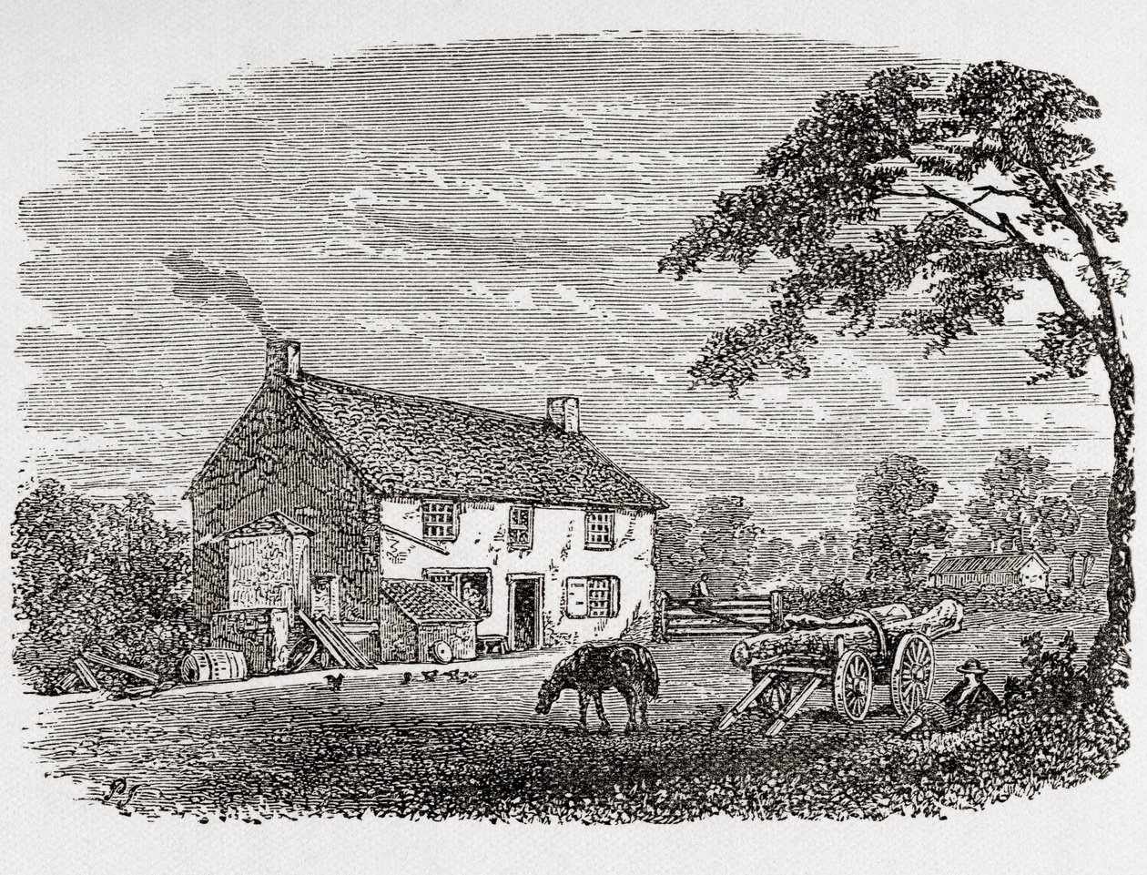 Geboorteplaats van George Stephenson. Een 18e-eeuws stenen huisje, het huis van George Stephenson, Wylam, Northumberland, Engeland, hier gezien in de 19e eeuw. Uit Great Engineers, gepubliceerd ca. 1890 door Unbekannter Künstler