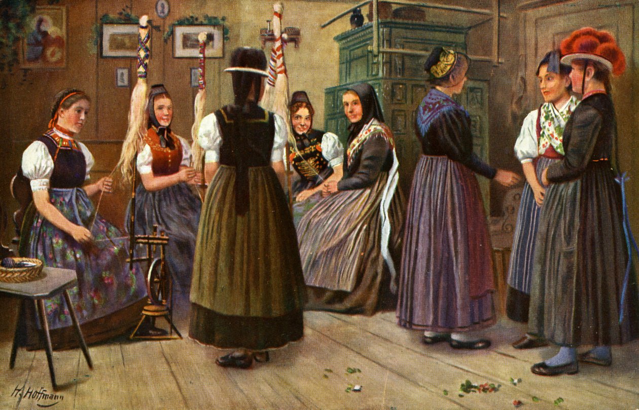 Duitse vrouwen aan het spinnenwiel door Unbekannter Künstler