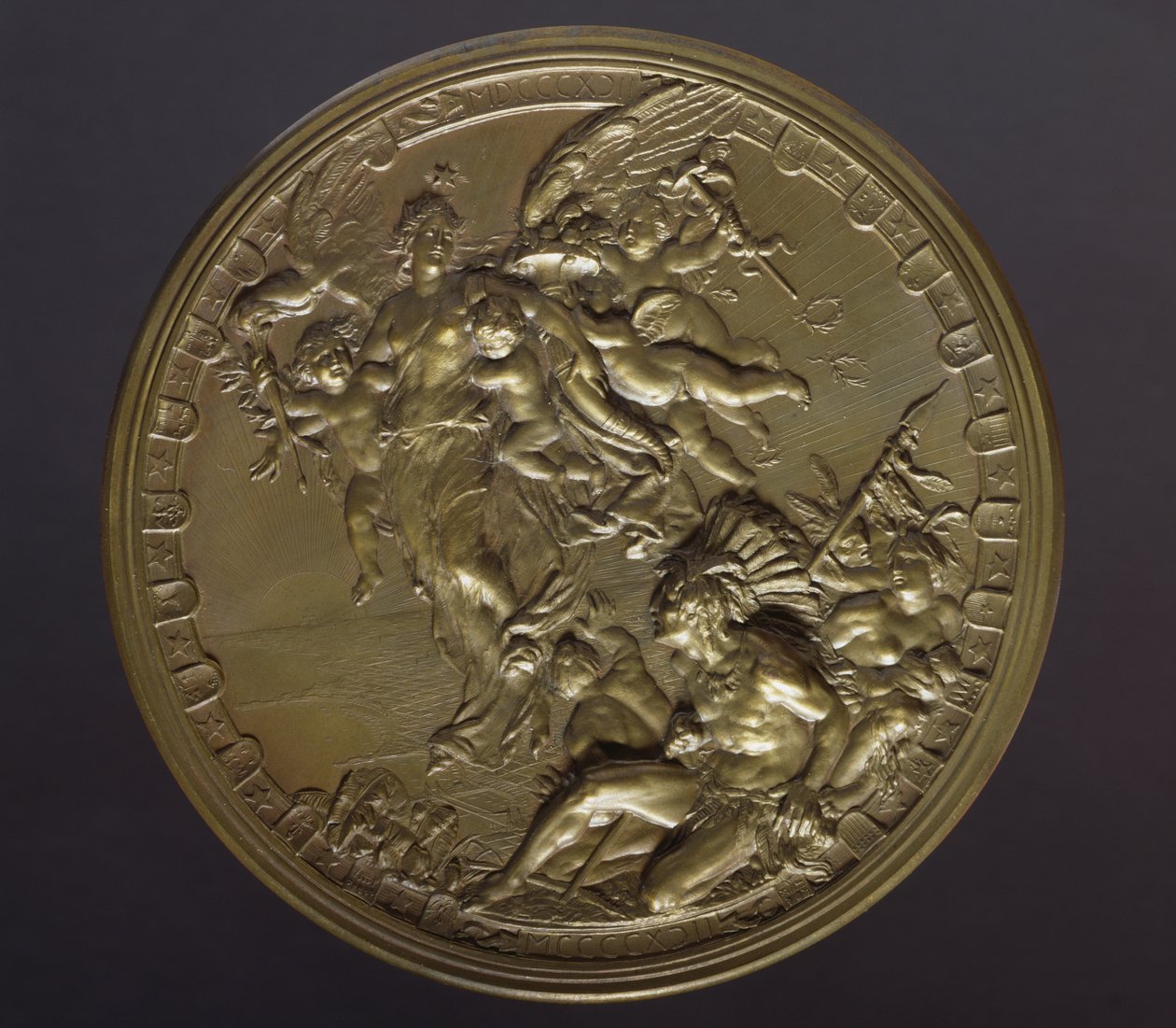 Vergulde bronzen medaille ter gelegenheid van de 400ste verjaardag van de ontdekking van Amerika (1492-1892) door Benjamin Baud