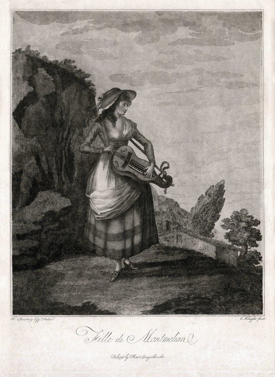 Meisje uit Montmelian, in Gironde, die het oude wiel speelt (gravure) door Unbekannter Künstler