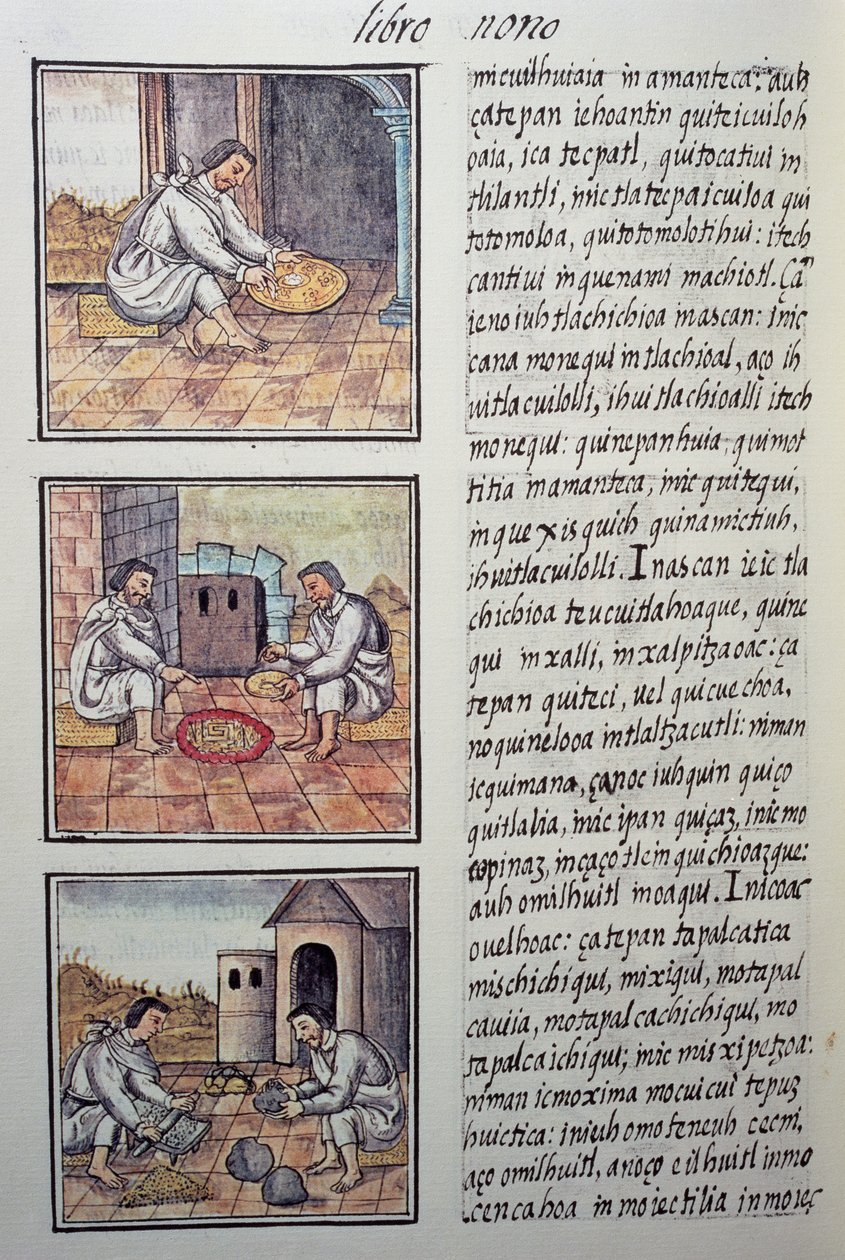 Goudverwerking na de Spaanse verovering, pagina uit de Florentijnse Codex, Algemene Geschiedenis van de Dingen van Nieuw-Spanje, door de Spaanse missionaris Fray Bernardino de Sahagun (1499-1590). Azteekse beschaving door William M. Timlin