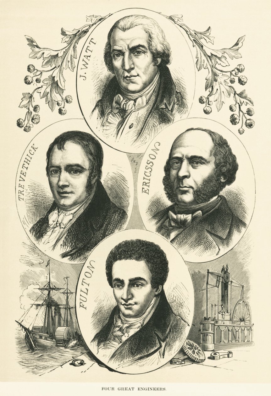 Grote ingenieurs en uitvinders: James Watt, John Ericsson, Robert Fulton, Richard Trevithick, ca. 1880 door Unbekannt