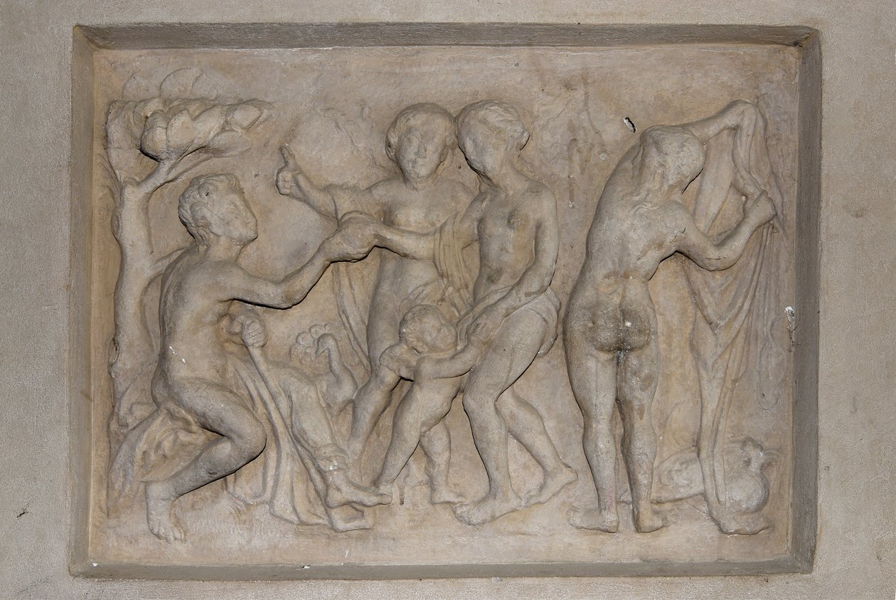 Griekse mythologie: het oordeel van Paris. De herder Paris moet de mooiste van de drie godinnen kiezen uit Aphrodite (Venus), vergezeld door Cupido, Hera (Juno) en Athena (Minerva). Hij kiest Aphrodite aan wie hij een gouden appel aanbiedt. Reliëf door Unbekannt
