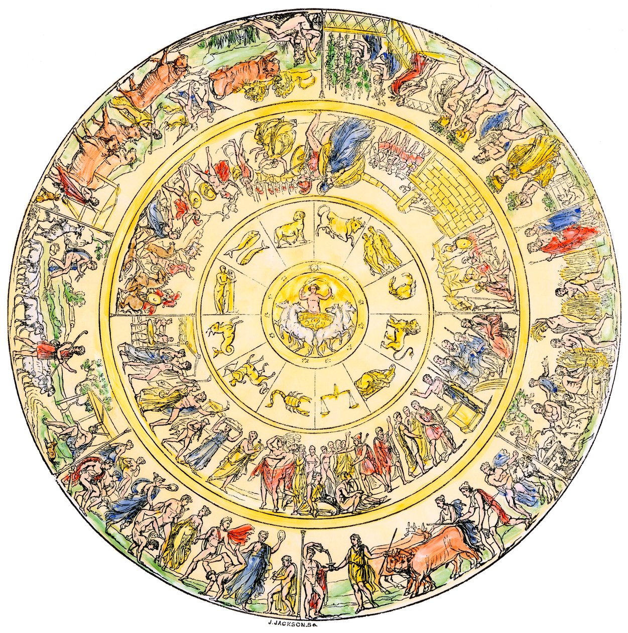 Griekse mythologie: het schild van Achilles, held van de Trojaanse Oorlog - Kleurgravure 19e eeuw door Unbekannter Künstler