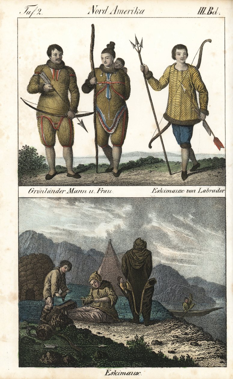 Groenlandse bewoners in huiden en een Inuit uit Labrador (Canada) met een drietand. Hieronder een dagelijks tafereel van het leven van een Inuit-familie voor een iglo, een tent en een kano, Noord-Amerika. Lithografie voor het boek: “Galerie complete en tab door Unbekannter Künstler