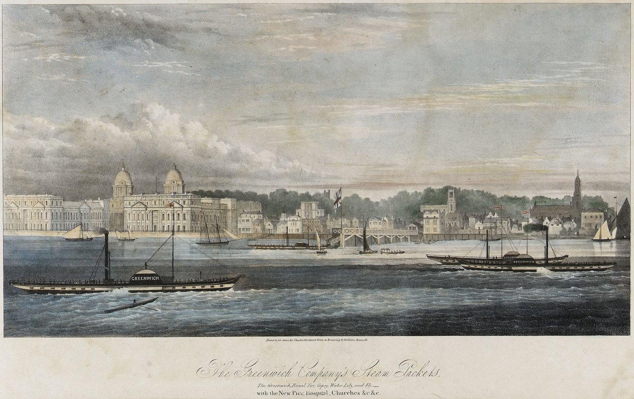 Stoomschepen van de Greenwich Transport Company (Greenwich, Royal Tar, Gipsy, Water Lily en Fly) voor de gebouwen van de Greenwich pier (Engeland) door Unbekannter Künstler