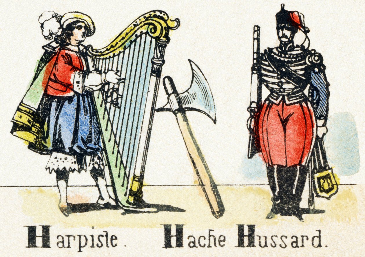 H - Harpist Bijl Huzaren - Alfabet - Kindervermaak - Beeld van Epinal, populaire serie ca. 1890 (illustratie) door Unbekannt