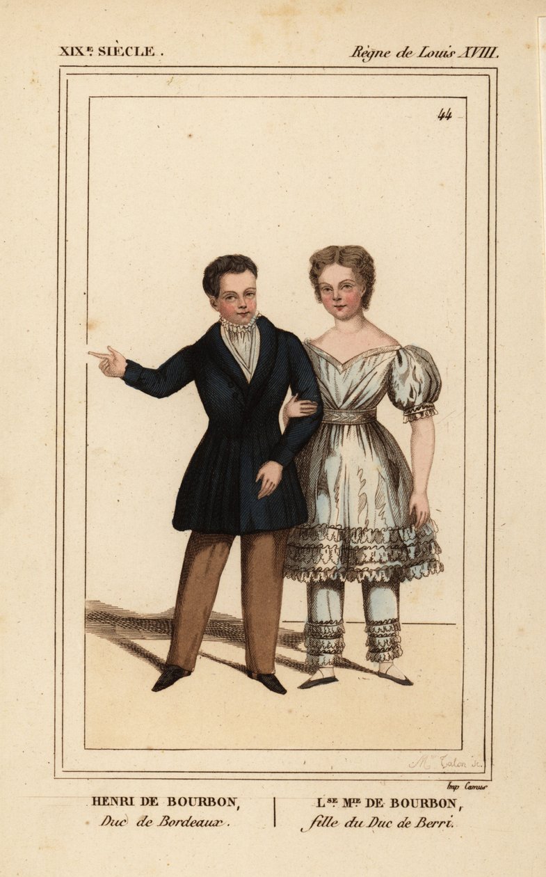 Henry, Graaf van Chambord, Hertog van Bordeaux en Louise Marie Therese van Artois, dochter van de Hertog van Berry. Handgekleurde lithografie door Madame Calon uit Le Bibliophile Jacob aka Paul Lacroix