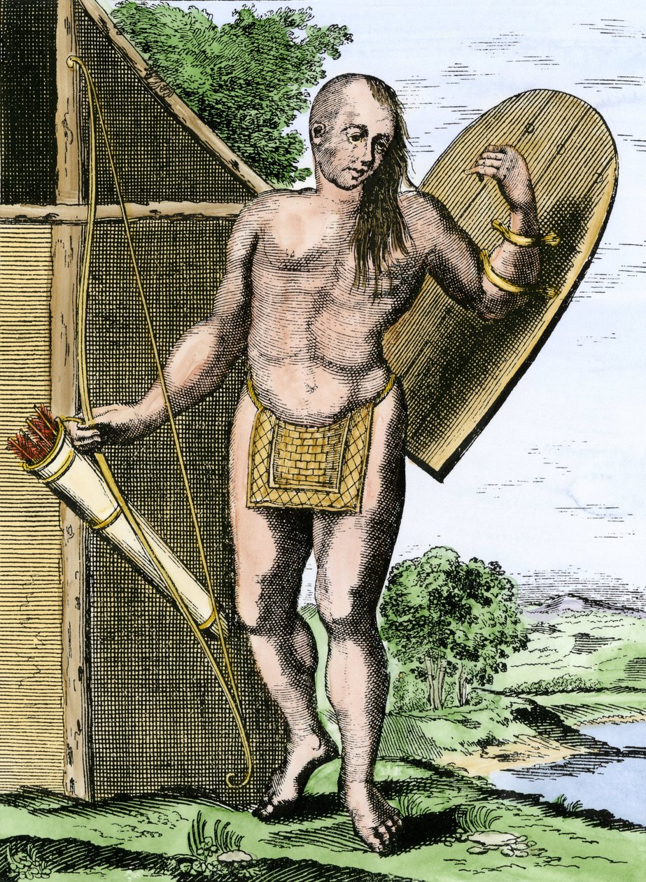 Geschiedenis van inheemse volkeren: Een Indiaan uit Canada met een schild, een boog en pijlen in een koker door Unbekannter Künstler