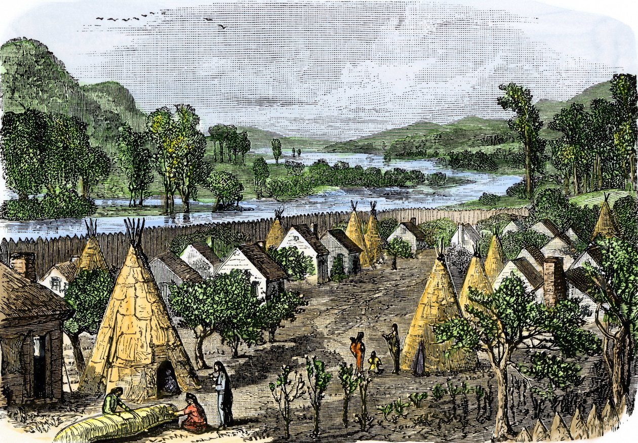 Geschiedenis van inheemse volkeren: Mohawk-dorp, New York, circa 1780 door Unbekannter Künstler