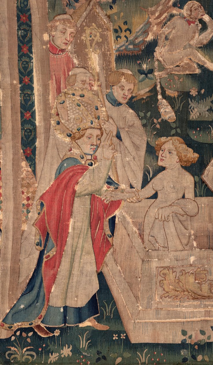Geschiedenis van Sint Piat en Sint Eleuthère, ook wel tapijt van Arras genoemd. Besteld door kanunnik Toussaint Prier, kapelaan van de hertog van Bourgondië, eind 14e-begin 15e eeuw. 22m x 2m. Detail (tapijt) door Unbekannter Künstler