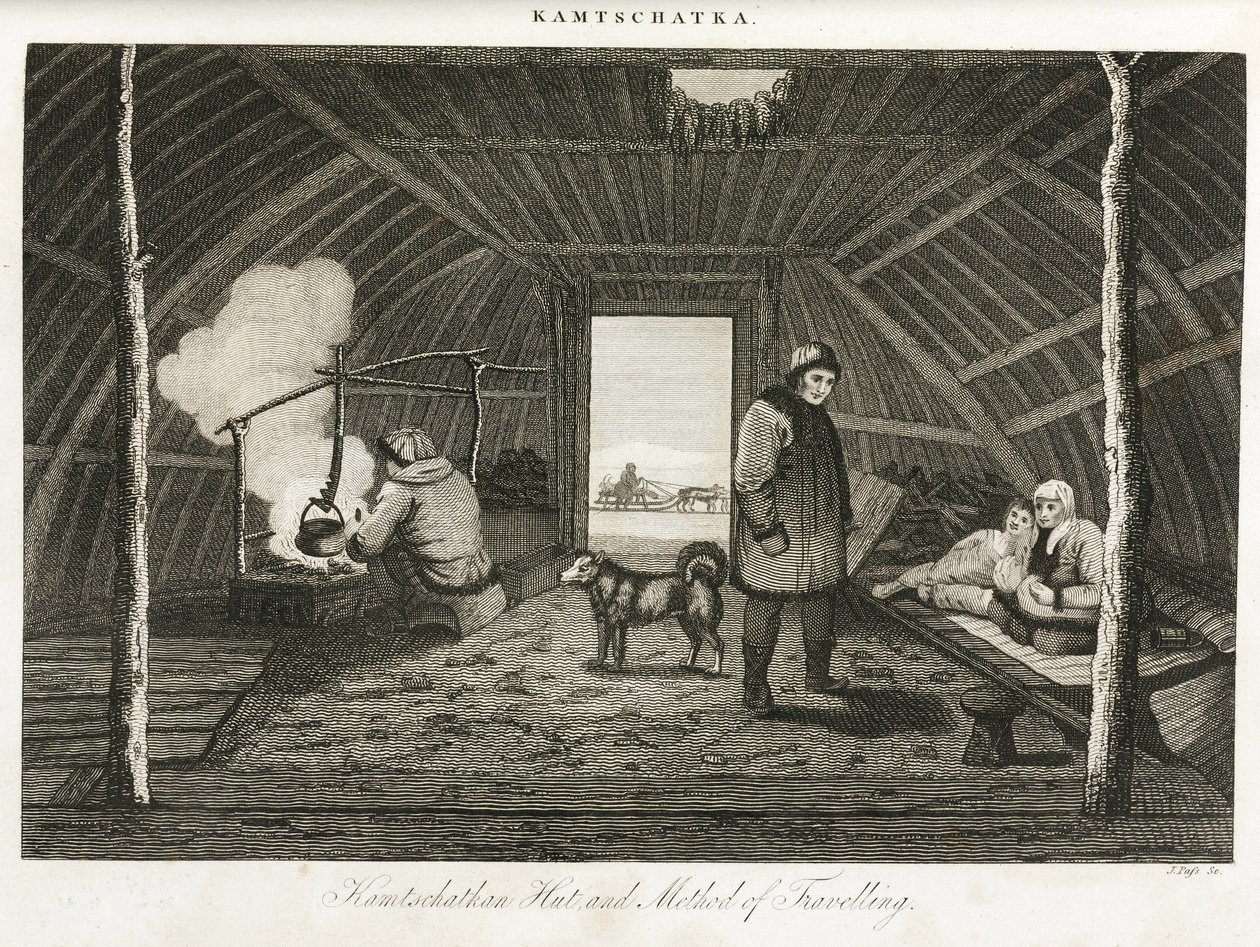 Hut van Kamtsjatka (verre oostelijke schiereiland van Rusland) en transport slee, circa 1810 door Unbekannt