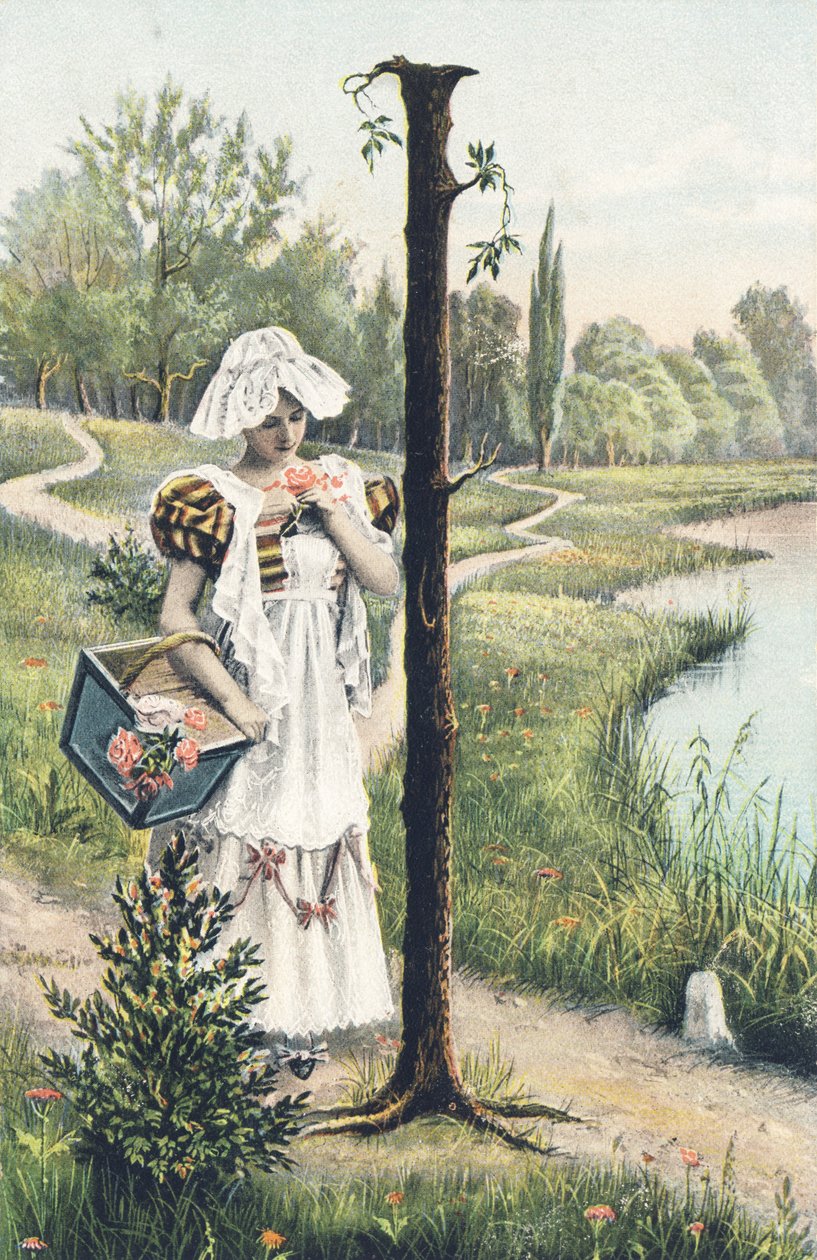 I : Een vrouw in een jurk, schort en kapje houdt een mand op haar rechterarm. Landelijke omgeving - Alphabet personages Ref Th. E., L. Theochrom - Serie 994. Theodor Eisman, uitgever, Leipzig door Unbekannt