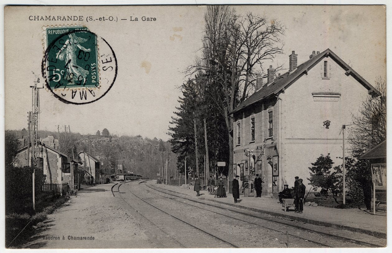 Ile de France, Essonne (91), Chamarande: uitzicht op het treinstation - Ansichtkaart gedateerd 1908 door William M. Timlin