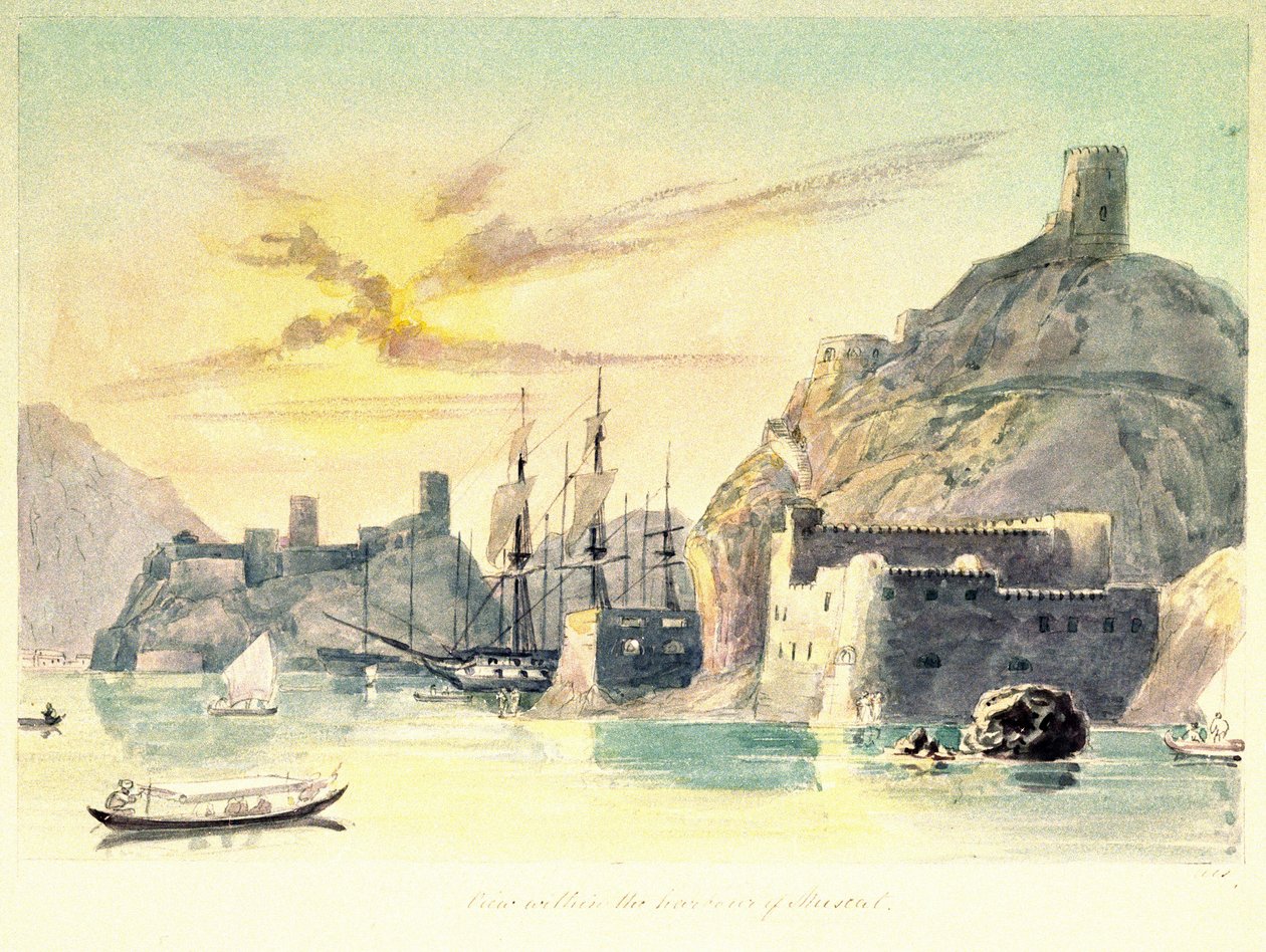 Binnenaanzicht van de haven van Muscat (Oman), met beschrijving van versterkte gebouwen en afgemeerde schepen. Lt-Col. Schilderij door Charles Hamilton Smith door Unbekannter Künstler