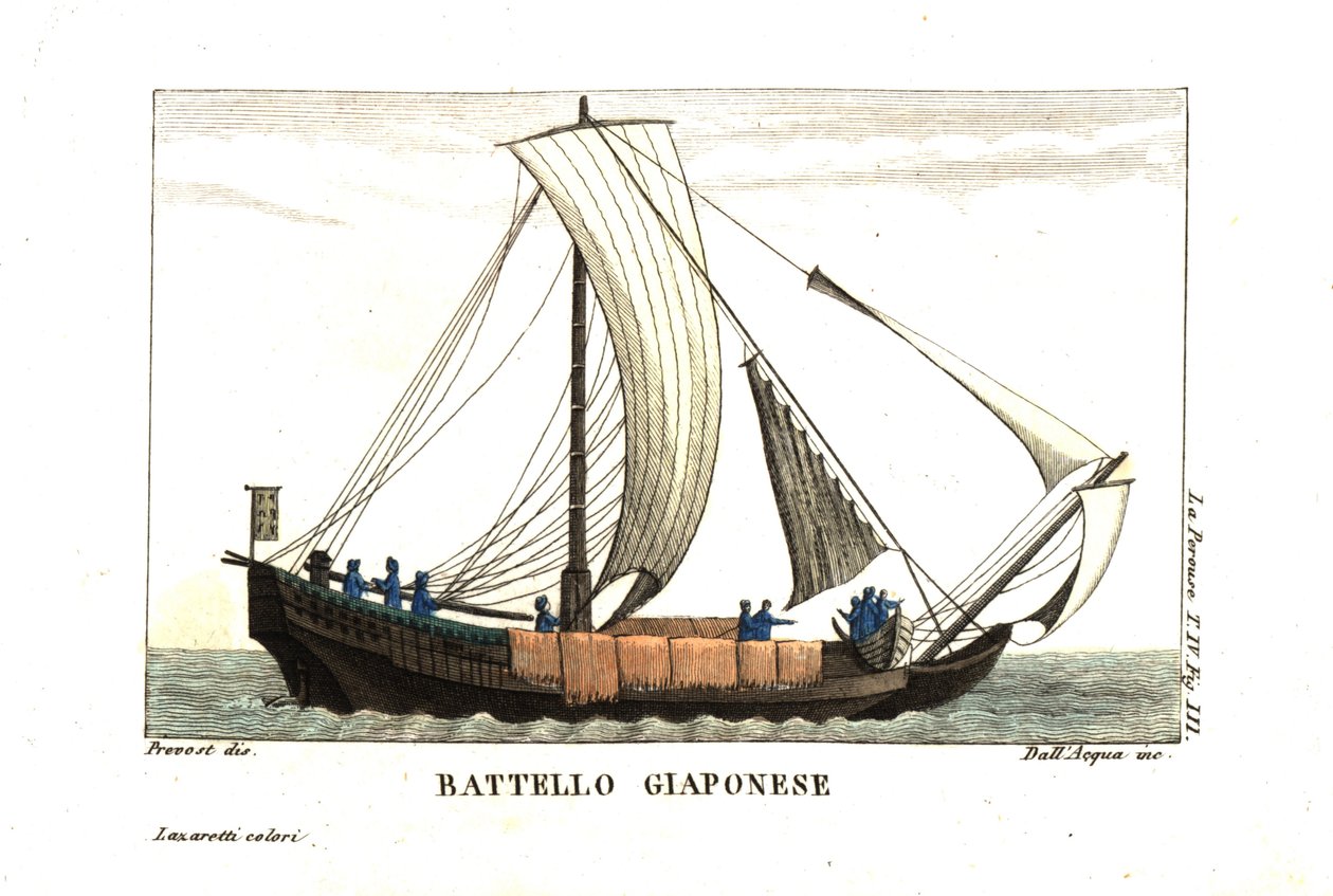 Japanse zeilboot. Illustratie van Jean Louis Prevost uit het dagboek van Jean François de Galaup, Graaf van La Perouse (1741-1788). Kopergravure door dell