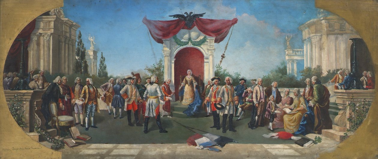 Keizerin Maria Theresia in de kring van haar paladijnen door Unbekannter Künstler