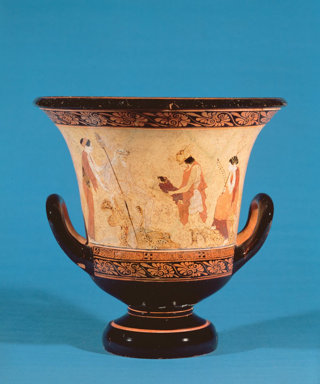 Kalyx krater met Hermes die de baby Dionysus aan de nimfen overhandigt, Etruskisch, c.460 v.Chr. door Unbekannt