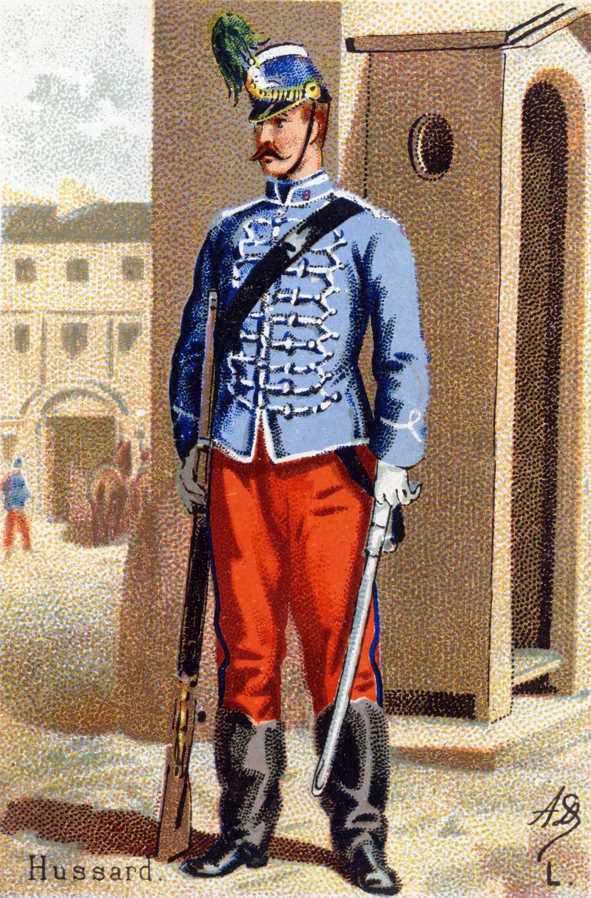 L: Huzaar. Gravure in "Militair Alfabet". Initialen van de illustrator: A. D. Onbekende uitgever. Chromolithografieën eind 19e eeuw. door Unbekannt