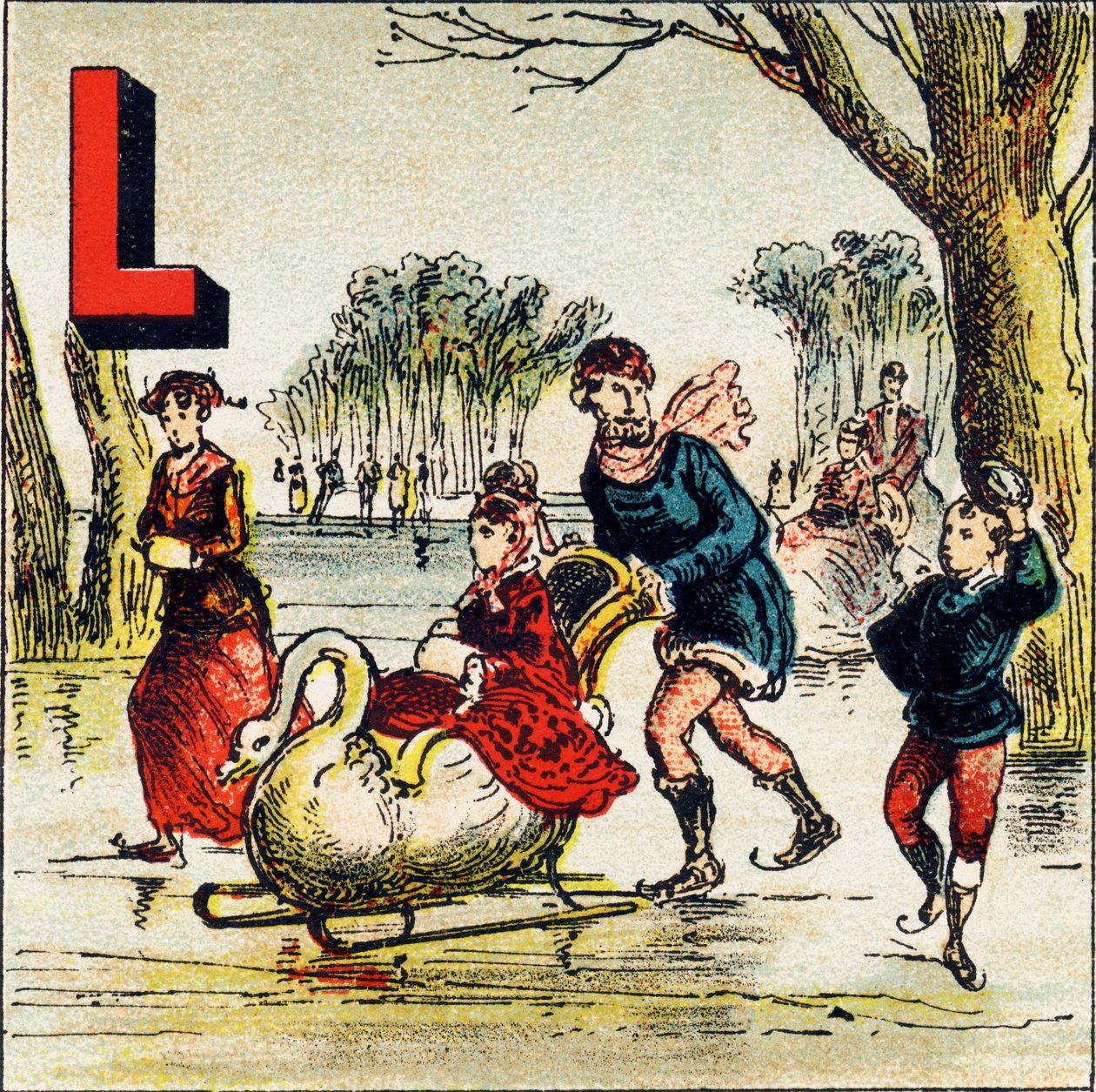 L : Meer. Een meer is een groot wateroppervlak omgeven door land. Het Meer van Genève is een prachtig meer - Gravure uit Alphabet geographique. Guerin-Muller et Cie, uitgevers, Parijs door Unbekannt