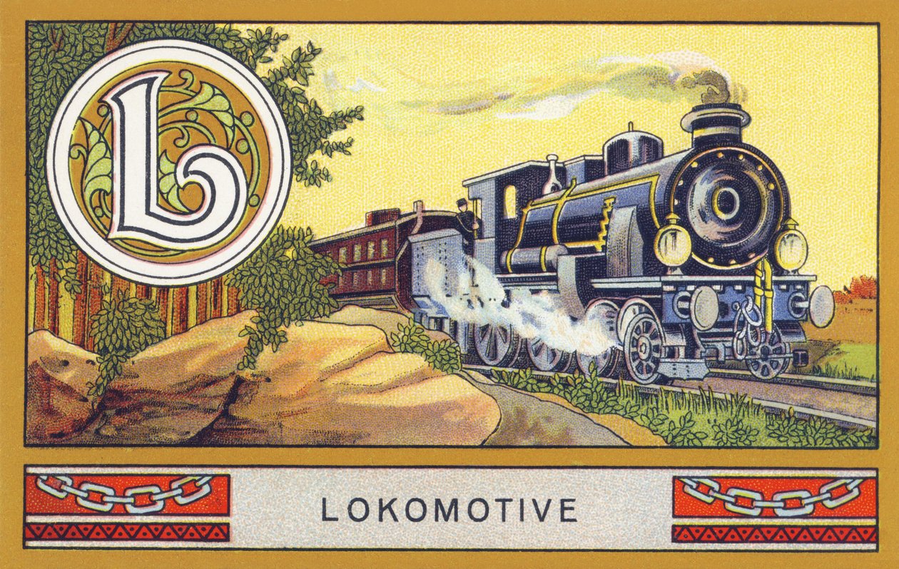 L : Lokomotief - Alfabet Palmin. Serie chromolithografieën uitgegeven door H. Schlinck & Cie, Hamburg, z.d. Reclame voor Palmin feinstes Cocosfett. Afmetingen: 7 x 11 cm door Unbekannt