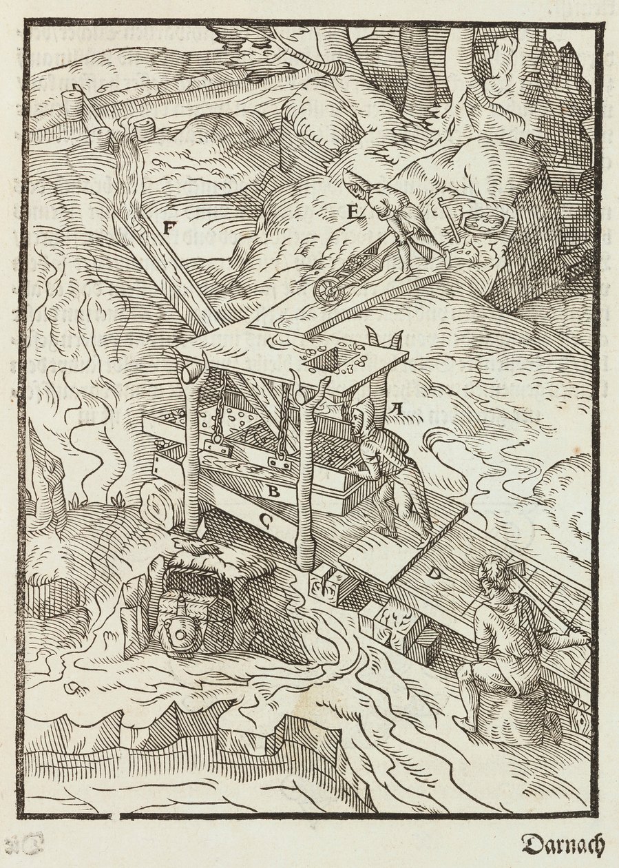 Wassen van gouderts - Gravure uit Beschrijving van de ertsen en de belangrijkste mijnbouwmethoden, door Lazarus Ecker door Unbekannt