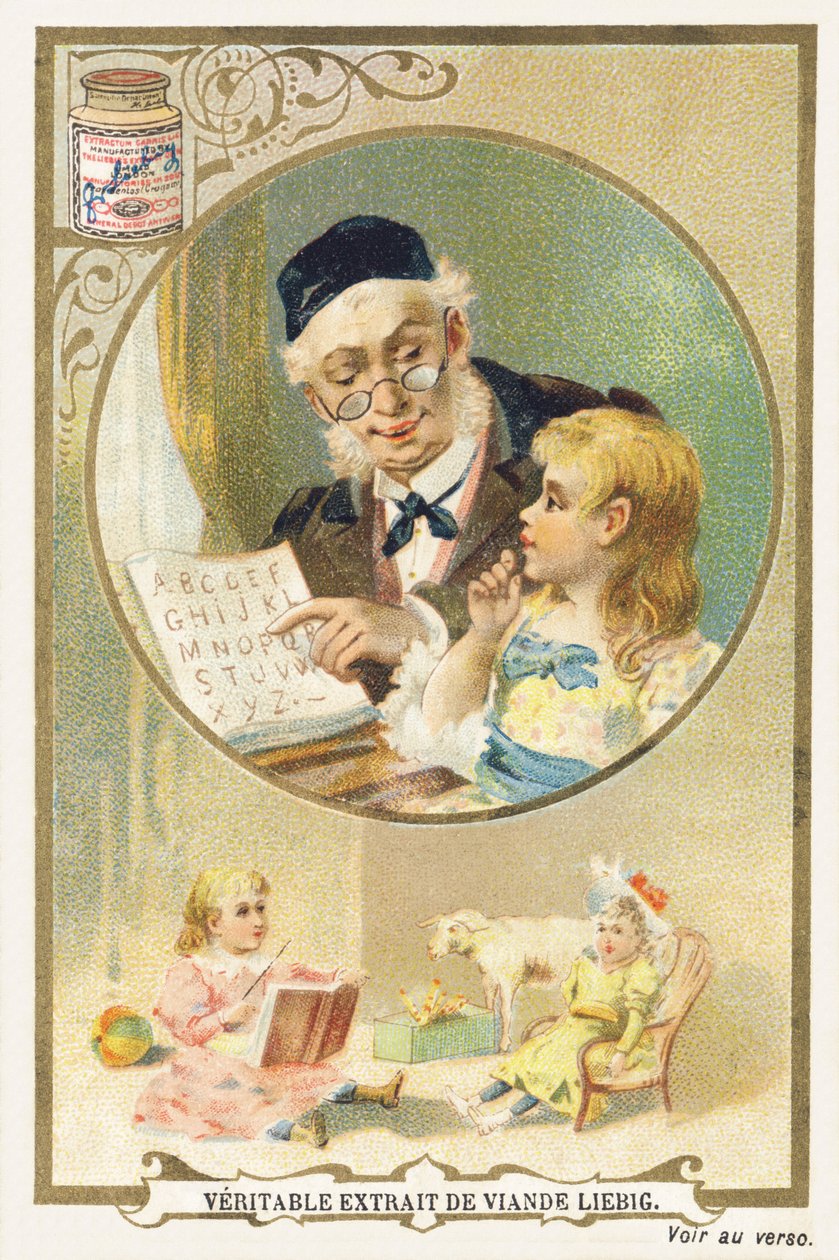 Lezing met grootvader. Chromolithografie reclame die in een cirkelvormig kader een oudere persoon en een kind aan zijn zijde toont. Onderaan de afbeelding een meisje zittend omringd door speelgoed. Uitgegeven door Compagnie Liebig, Parijs, eind 19e eeuw. A door Unbekannt
