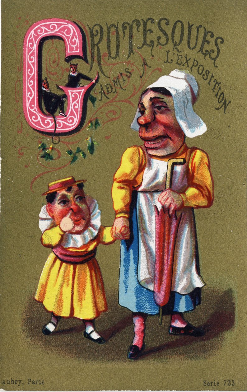 Letter G: Grotesken toegelaten tot de tentoonstelling. Gravure in "Alphabet des grotesques". Serie van 25 reclamechromolithografieën op een gouden achtergrond, eind 19e eeuw. door Unbekannt