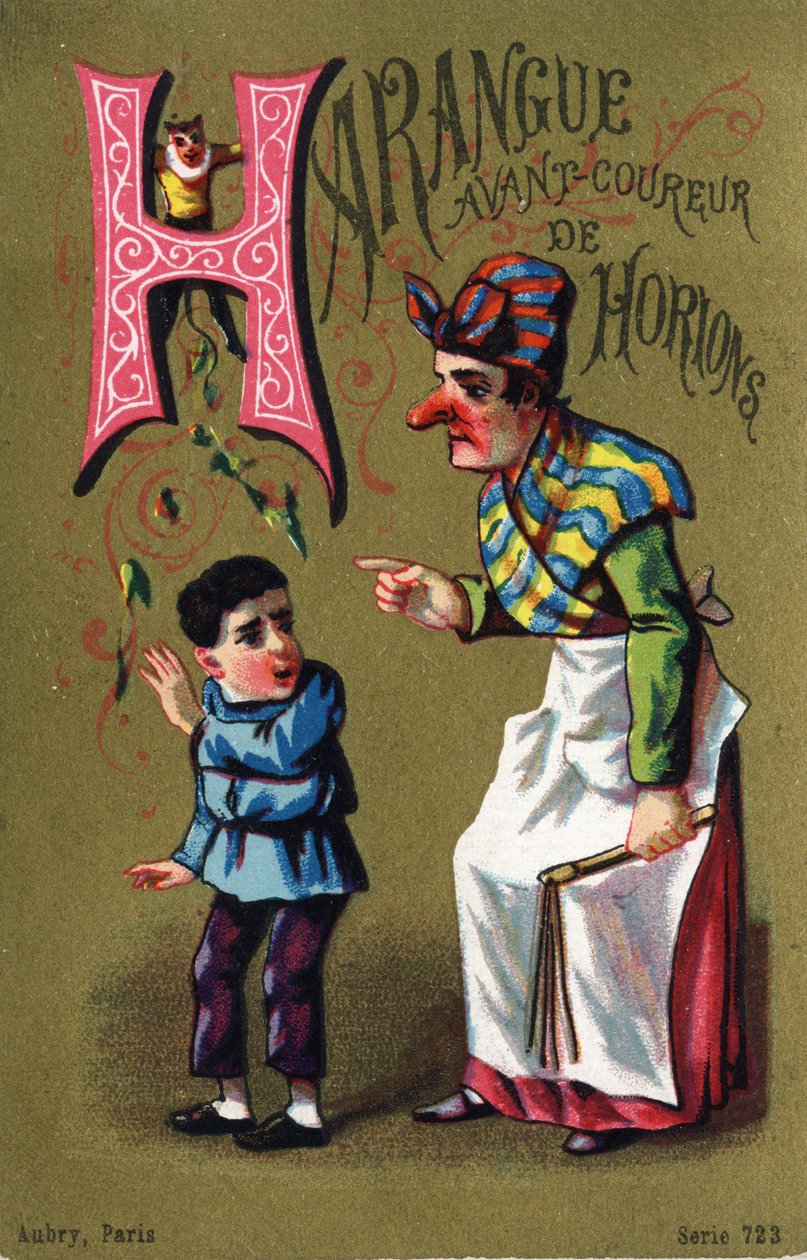 Letter H: Redevoering voor horionloper. Gravure in "Alphabet des grotesques". Serie van 25 reclamechromolithografieën op een gouden achtergrond, eind 19e eeuw. door Unbekannt
