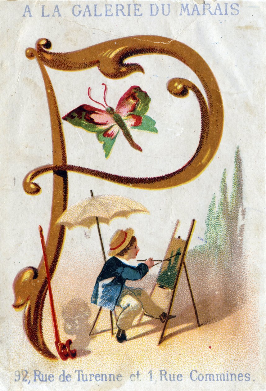 Letter P: schilder, vlinder, parasol, pijp. Alfabet Art Nouveau: Serie van 25 reclamechromolitho