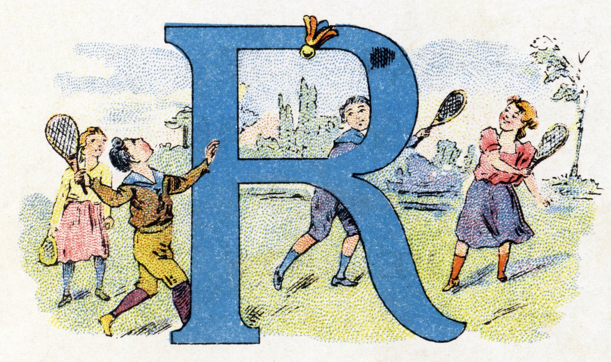 Letter R: Vliegende Raket. Alfabet van Phosphatine Falieres. Gravure. Brevete alfabet S.G.D.G. door apotheker Pierre Emile Falieres. Illustraties in chromolithografie, eind 19e eeuw. door Unbekannt