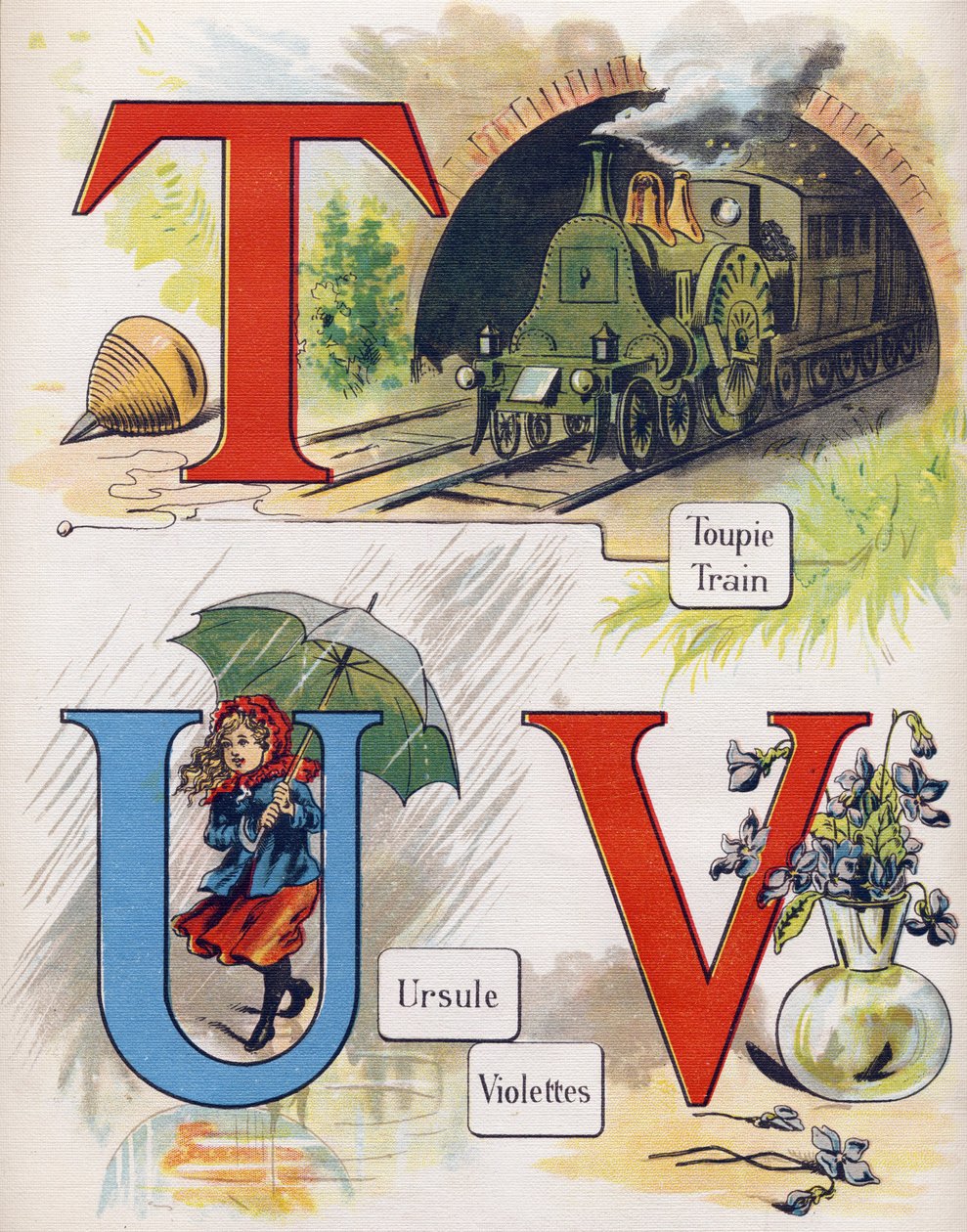 Letter T, U en V: tol, trein, ursula en violet. Gravure in "ABC L